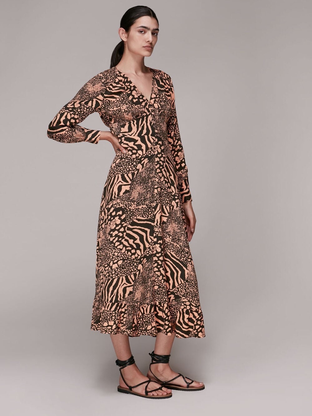 Whistles Patchwork Animal Print Long Sleeve Midi‎ Dress Size 8